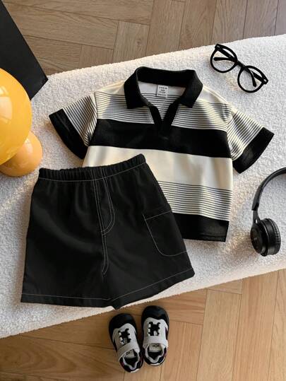 SHEIN مجموعة قميص بولو مخطط وشورت أبيض للأطفال الصبيان، مناسبة لحفلات عيد الميلاد والحفلات المسائية والزفاف وحفلات استقبال المولود الجديد وعيد الميلاد الأول وغيرها من المناسبات، مجموعة صيفية للأطفال الصبيان، قميص بولو مخطط وشورت للأطفال الصبيان باللونين ا