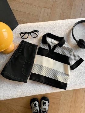 SHEIN مجموعة قميص بولو مخطط وشورت أبيض للأطفال الصبيان، مناسبة لحفلات عيد الميلاد والحفلات المسائية والزفاف وحفلات استقبال المولود الجديد وعيد الميلاد الأول وغيرها من المناسبات، مجموعة صيفية للأطفال الصبيان، قميص بولو مخطط وشورت للأطفال الصبيان باللونين ا