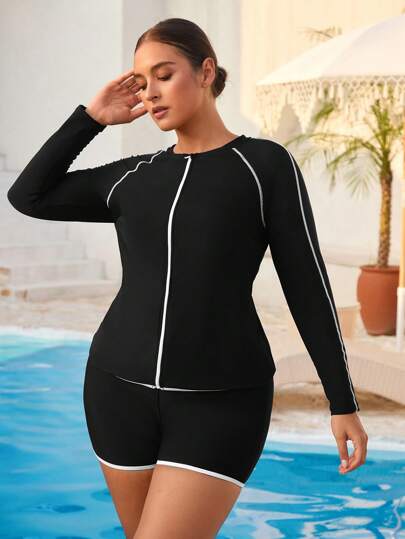 طقم تانكيني حريمي Swim SPRTY كارديجان بتصميم أسود وأبيض مقاس كبير للنساء، وقطعتين للسباحة تشمل بلوزة سباحة متواضعة وشورت، مناسب للشاطئ والتزلج على الأمواج