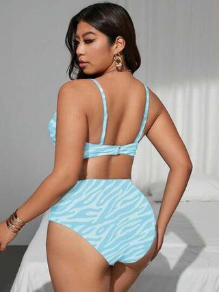 SHEIN Swim Curve مجموعة بكيني للمرأة ذات الحجم الإضافي قطعتين ، لامعة بنمط برتقالي أزرق أنيق وبنمط الزيبرا عشوائي
