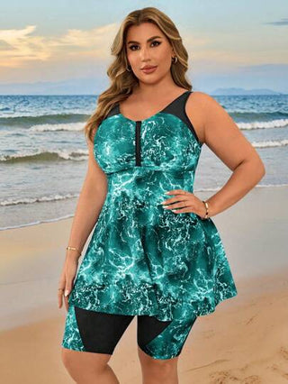 Swim Lushoire مجموعة ملابس سباحة كامي ذات طبعة صبغ بالربط للنساء ذوات الحجم الكبير، ملابس للعطلة الشاطئية