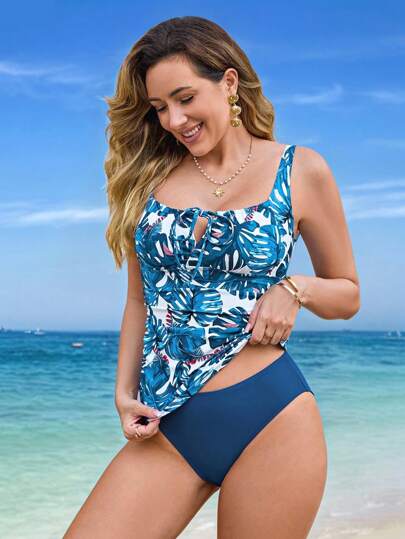 طقم تانكيني حريمي Swim Lushoire طقم تانكيني كاجوال للنساء مطبوع بطباعة استوائية مع خصر مطوي وأسفل سباحة بتصميم أحادي اللون، للاستخدام الحياتي والعطلات ، موسم الربيع والصيف