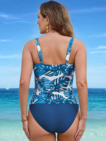 طقم تانكيني حريمي Swim Lushoire طقم تانكيني كاجوال للنساء مطبوع بطباعة استوائية مع خصر مطوي وأسفل سباحة بتصميم أحادي اللون، للاستخدام الحياتي والعطلات ، موسم الربيع والصيف