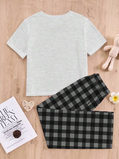 SHEIN طقم بجامة راسل مناسب للمراهقات بتصميم كاجوال فضفاض وبسيط، يشمل بلوزة برقبة دائرية وأكمام قصيرة وبنطال طويل، مناسب للربيع والصيف