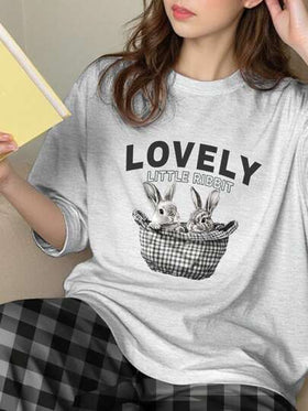SHEIN طقم بجامة راسل مناسب للمراهقات بتصميم كاجوال فضفاض وبسيط، يشمل بلوزة برقبة دائرية وأكمام قصيرة وبنطال طويل، مناسب للربيع والصيف