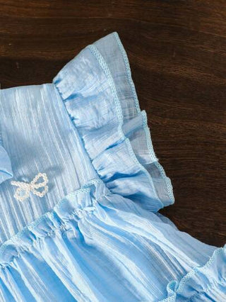 فساتين بيبي Vintaside Kids فستان الرضع البنات الأزرق بأكمام قصيرة مزين بالدانتيل الأزهار، فستان صيفي للرضع باسلوب جديد مع تنورة مضلعة