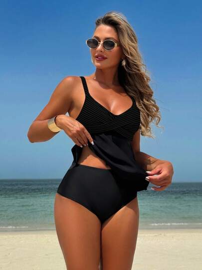 طقم تانكيني حريمي Swim Lushoire طقم بحر للنساء من قطعتين ذو نسيج ملمس أنيق ذو خصر مرتفع ، يحتوي على ملابس علوية كامي بحمالات وبوك سفلي ، للاستخدام في عطلة الشاطئ