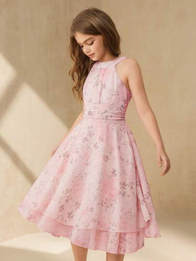 SHEIN فستان أنيق فاخر وجميل للبنات، بدون أكمام، طول متوسط، باللون الأخضر، مناسب للعطلات والزفاف وفتاة الزهور والمناسبات والأداء والرقص والأعياد وغيرها من المناسبات