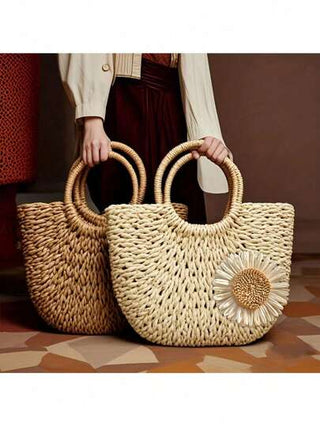 1 حقيبة تسوق يدوية النسيج من القش الطبيعي للنساء، بتصميم من أغصان الخيزران مع زخرفة زهرة البابونج الصغيرة، بدون بطانة أو إغلاق، مثالية للشاطئ والسفر في الصيف، اكسسوار شاطئ مفتوح للفراغات، مناسبة للعطلات الشاطئية والتخييم والتسوق وأخذ الصور وهدايا عيد الأم