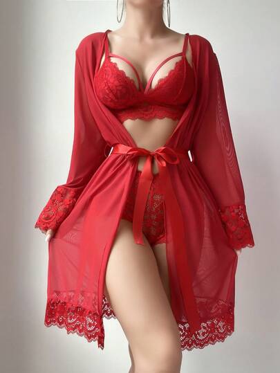 SHEIN 4 قطع/مجموعة ملابس داخلية للنساء مكونة من (صدرية بدون سلك، سروال هيبستر، روب، حزام) بتصميم تباين الدانتيل والشبك للخروج والمظهر الجذاب