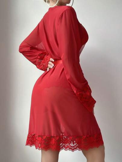 SHEIN 4 قطع/مجموعة ملابس داخلية للنساء مكونة من (صدرية بدون سلك، سروال هيبستر، روب، حزام) بتصميم تباين الدانتيل والشبك للخروج والمظهر الجذاب
