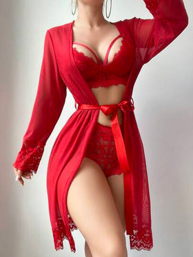 SHEIN 4 قطع/مجموعة ملابس داخلية للنساء مكونة من (صدرية بدون سلك، سروال هيبستر، روب، حزام) بتصميم تباين الدانتيل والشبك للخروج والمظهر الجذاب