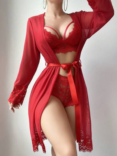 SHEIN 4 قطع/مجموعة ملابس داخلية للنساء مكونة من (صدرية بدون سلك، سروال هيبستر، روب، حزام) بتصميم تباين الدانتيل والشبك للخروج والمظهر الجذاب