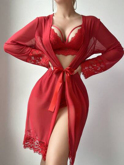 SHEIN 4 قطع/مجموعة ملابس داخلية للنساء مكونة من (صدرية بدون سلك، سروال هيبستر، روب، حزام) بتصميم تباين الدانتيل والشبك للخروج والمظهر الجذاب