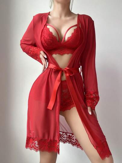 SHEIN 4 قطع/مجموعة ملابس داخلية للنساء مكونة من (صدرية بدون سلك، سروال هيبستر، روب، حزام) بتصميم تباين الدانتيل والشبك للخروج والمظهر الجذاب