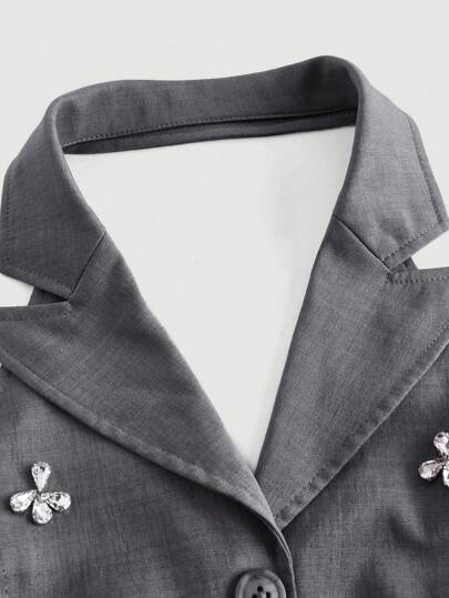 SHEIN MOD فستان رمادي متوسط الطول مكشكش مزين بالخرز بياقة عالية