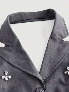 SHEIN MOD فستان رمادي متوسط الطول مكشكش مزين بالخرز بياقة عالية