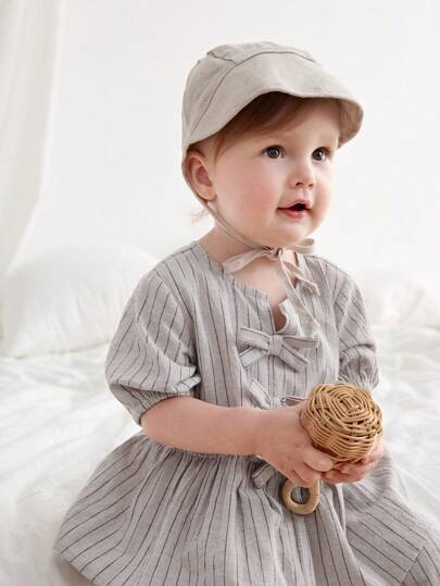 Cozy Pixies قطعتين/مجموعة ملابس علوية كارديجان بأكمام منتفخة وياقة دائرية مزينة بفيونكة وبنطال ذو خصر مطاطي للبنات الصغيرات