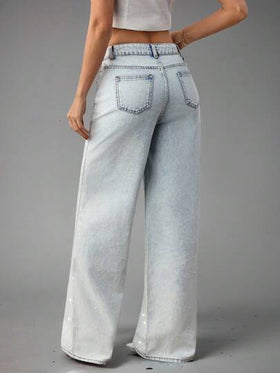 SHEIN BAE سراويل جينز نسائية كاجوال واسعة الساق مهترئة ذات خصر منخفض، ملابس عمل للنساء في المكاتب والحفلات والمدارس والمطارات والخروج