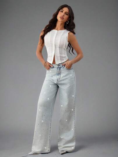 SHEIN BAE سراويل جينز نسائية كاجوال واسعة الساق مهترئة ذات خصر منخفض، ملابس عمل للنساء في المكاتب والحفلات والمدارس والمطارات والخروج