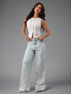 SHEIN BAE سراويل جينز نسائية كاجوال واسعة الساق مهترئة ذات خصر منخفض، ملابس عمل للنساء في المكاتب والحفلات والمدارس والمطارات والخروج