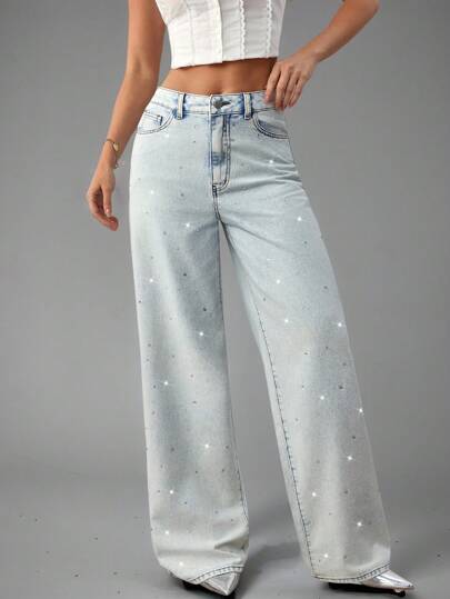 SHEIN BAE سراويل جينز نسائية كاجوال واسعة الساق مهترئة ذات خصر منخفض، ملابس عمل للنساء في المكاتب والحفلات والمدارس والمطارات والخروج