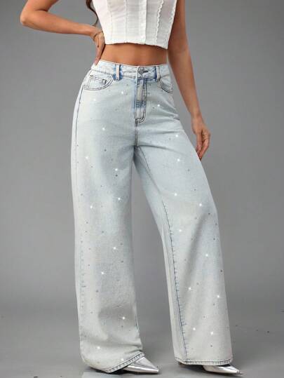 SHEIN BAE سراويل جينز نسائية كاجوال واسعة الساق مهترئة ذات خصر منخفض، ملابس عمل للنساء في المكاتب والحفلات والمدارس والمطارات والخروج