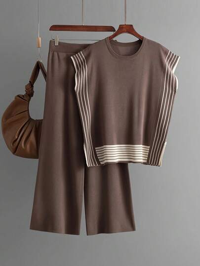 SHEIN طقم موضة صيفي ملابس علوية بلا أكمام وبنطلون طويل لون أحادي للنساء