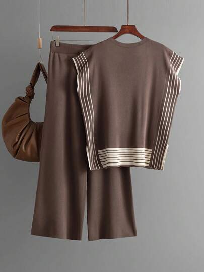 SHEIN طقم موضة صيفي ملابس علوية بلا أكمام وبنطلون طويل لون أحادي للنساء
