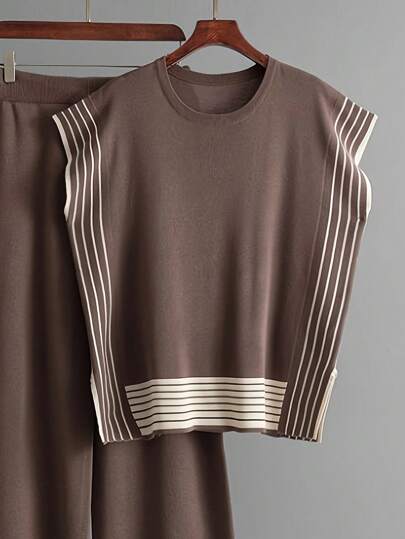 SHEIN طقم موضة صيفي ملابس علوية بلا أكمام وبنطلون طويل لون أحادي للنساء