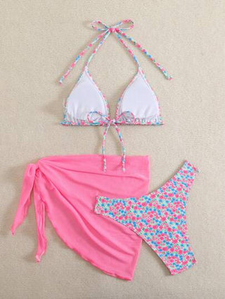 Swim Vcay مجموعة بيكيني منفصلة بخصر عالي مزخرف بالزهور الصغيرة مع غطاء ونصف تنورة للصيف والشاطئ، بتصميم عنق حلقي جذاب ومثير