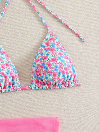 Swim Vcay مجموعة بيكيني منفصلة بخصر عالي مزخرف بالزهور الصغيرة مع غطاء ونصف تنورة للصيف والشاطئ، بتصميم عنق حلقي جذاب ومثير