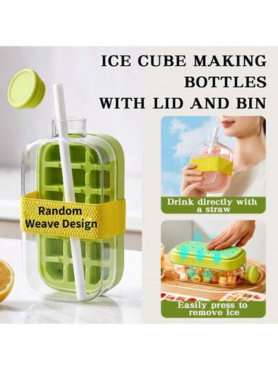 زجاجة مع مكعبات ثلج, زجاجة مياه ذات قمع للثلج 2 في 1 بدون لمس، قالب لصنع مكعبات الثلج، سهلة الضغط لتحرير قالب الثلج الرأسي مع غطاء للثلاجة