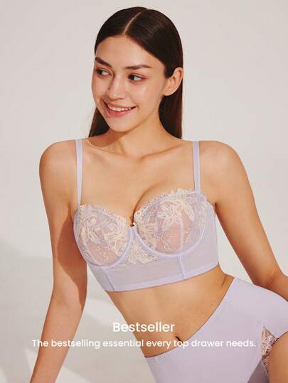 LUVLETTE ملابس داخلية أنيقة مطرزة للمرأة، حمالة صدر بالكونيت قابلة للتنفس بسلك داخلي، سراويل داخلية شفافة وبها دانتيل بالون البنفسجي، صدرية طويلة مخفضة للحجم، ملابس داخلية زفاف