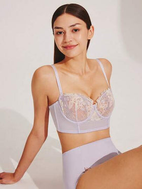 LUVLETTE ملابس داخلية أنيقة مطرزة للمرأة، حمالة صدر بالكونيت قابلة للتنفس بسلك داخلي، سراويل داخلية شفافة وبها دانتيل بالون البنفسجي، صدرية طويلة مخفضة للحجم، ملابس داخلية زفاف