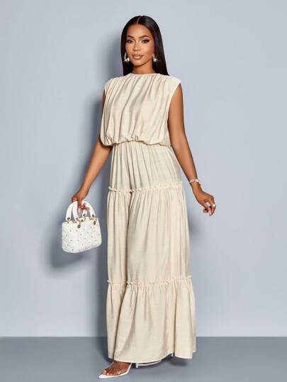 SOLERSUN جمبسوت إجازة طويلة صيفية نسائية ذات رقبة طاقم واسعة, بخصر مطاطي مجعد, تصميم طبقات فضفاضة للساقين, أكمام قصيرة, تفاصيل أزرار في الخلف, بلون مشمشي