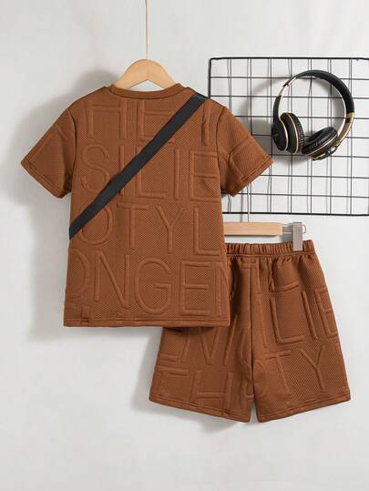 مجموعة بلوزة كم قصير وشورت بلون سادة 2 قطعة للأولاد، للاستخدام اليومي، للصيف مع محفظة