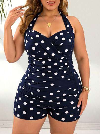 SHEIN Swim Curve قطعة واحدة من تانكيني علوية نسائية كبيرة الحجم بطباعة نقاط بولكا مع شورت برباط قابل للتعديل، بدلة سباحة أنيقة من قطعة واحدة مناسبة للعطلات اليومية على الشاطئ