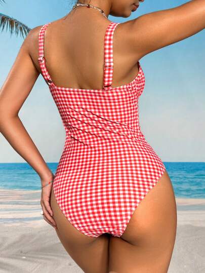 Swim Vcay ملابس السباحة قطعة واحدة مبطنة بطبعات مجعدة، أنيقة لصيف العطلات الشاطئية للنساء