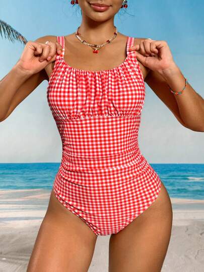 Swim Vcay ملابس السباحة قطعة واحدة مبطنة بطبعات مجعدة، أنيقة لصيف العطلات الشاطئية للنساء