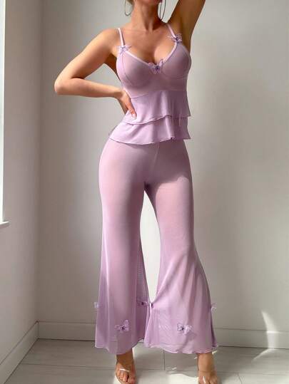 SHEIN مجموعة ملابس داخلية شفافة مزينة بفراشات بنفسجية مع بنطلون ساق واسعة، ملابس نوم جذابة للنساء للخروج