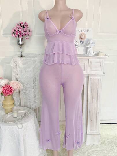 SHEIN مجموعة ملابس داخلية شفافة مزينة بفراشات بنفسجية مع بنطلون ساق واسعة، ملابس نوم جذابة للنساء للخروج