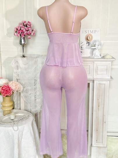 SHEIN مجموعة ملابس داخلية شفافة مزينة بفراشات بنفسجية مع بنطلون ساق واسعة، ملابس نوم جذابة للنساء للخروج