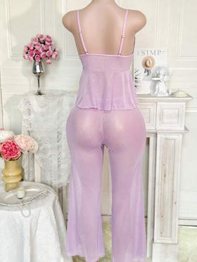 SHEIN مجموعة ملابس داخلية شفافة مزينة بفراشات بنفسجية مع بنطلون ساق واسعة، ملابس نوم جذابة للنساء للخروج