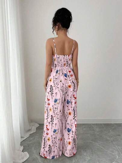 PETITE بدلة طويلة نسائية أنيقة مزينة بطبعات زهرية بتصميم ساق واسعة، مناسبة للربيع والصيف