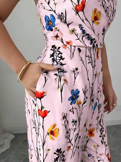 PETITE بدلة طويلة نسائية أنيقة مزينة بطبعات زهرية بتصميم ساق واسعة، مناسبة للربيع والصيف