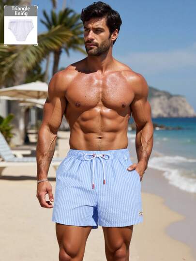 Manfinity KASUA شورت شاطئ رجالي مطبوع بخطوط مع خصر رباط