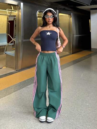EZwear بنطلون نسائي فضفاض عرضي الساق بخطوط جانبية وخصر مطاطي