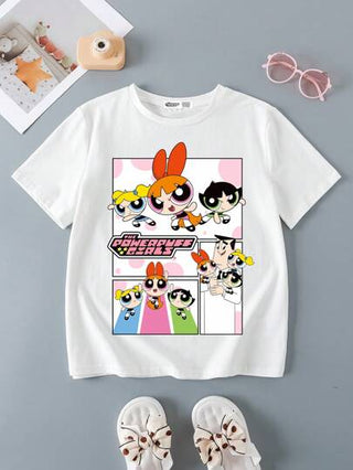 تيشيرتات بناتي THE POWERPUFF GIRLS X  تي شيرت كاجوال للفتيات المراهقات مطبوع عليه رسوم كرتونية وحروف، نصف أكمام، صيفي