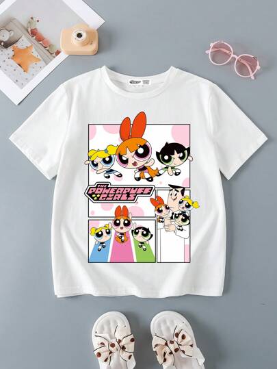 تيشيرتات بناتي THE POWERPUFF GIRLS X  تي شيرت كاجوال للفتيات المراهقات مطبوع عليه رسوم كرتونية وحروف، نصف أكمام، صيفي